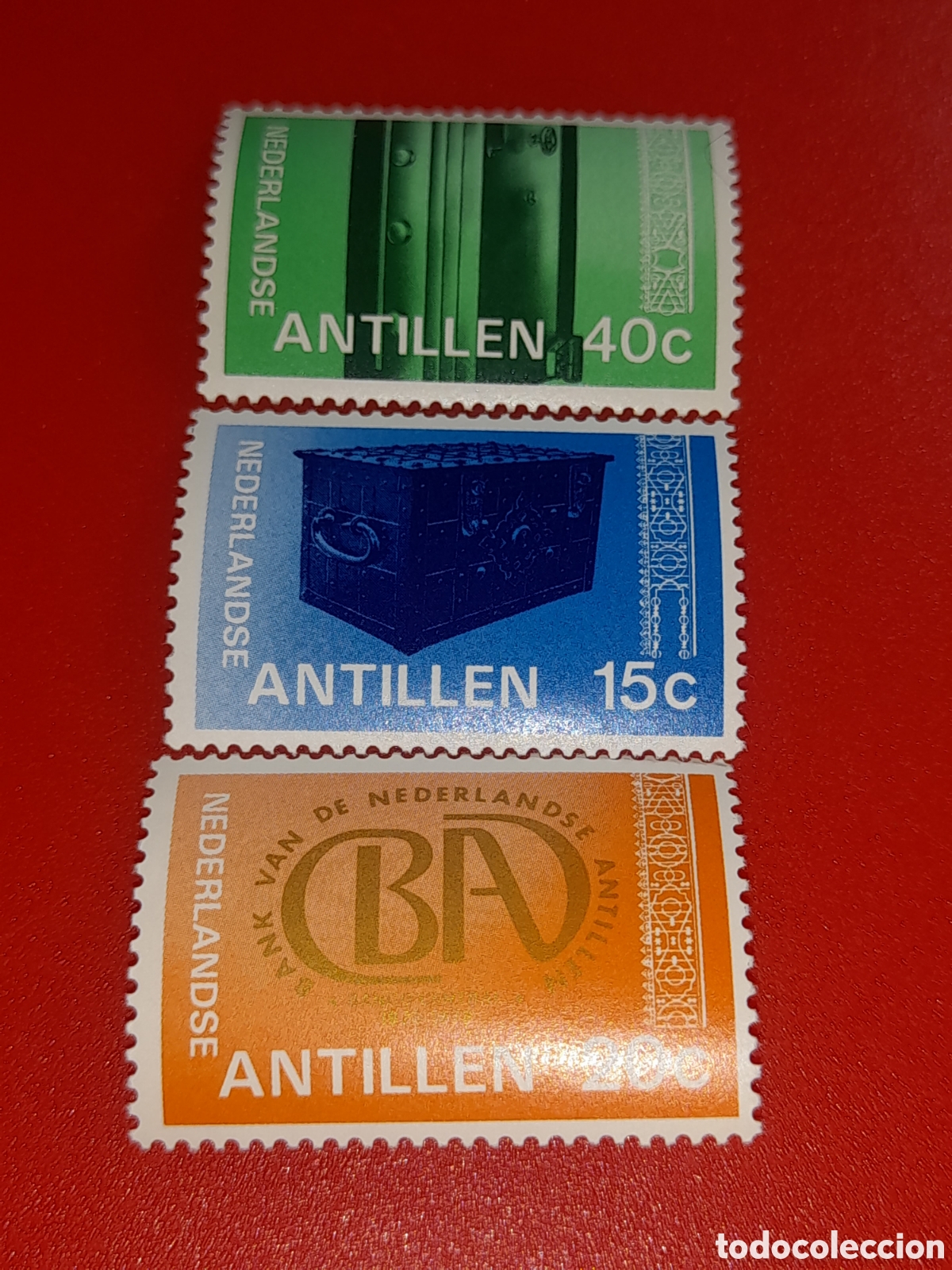 Sellos: Sello Antillas Holandesas nuevo 1978. 150Aniv banco Antillas. Logotipo. Cofre. Tesoro. Caja fuerte.