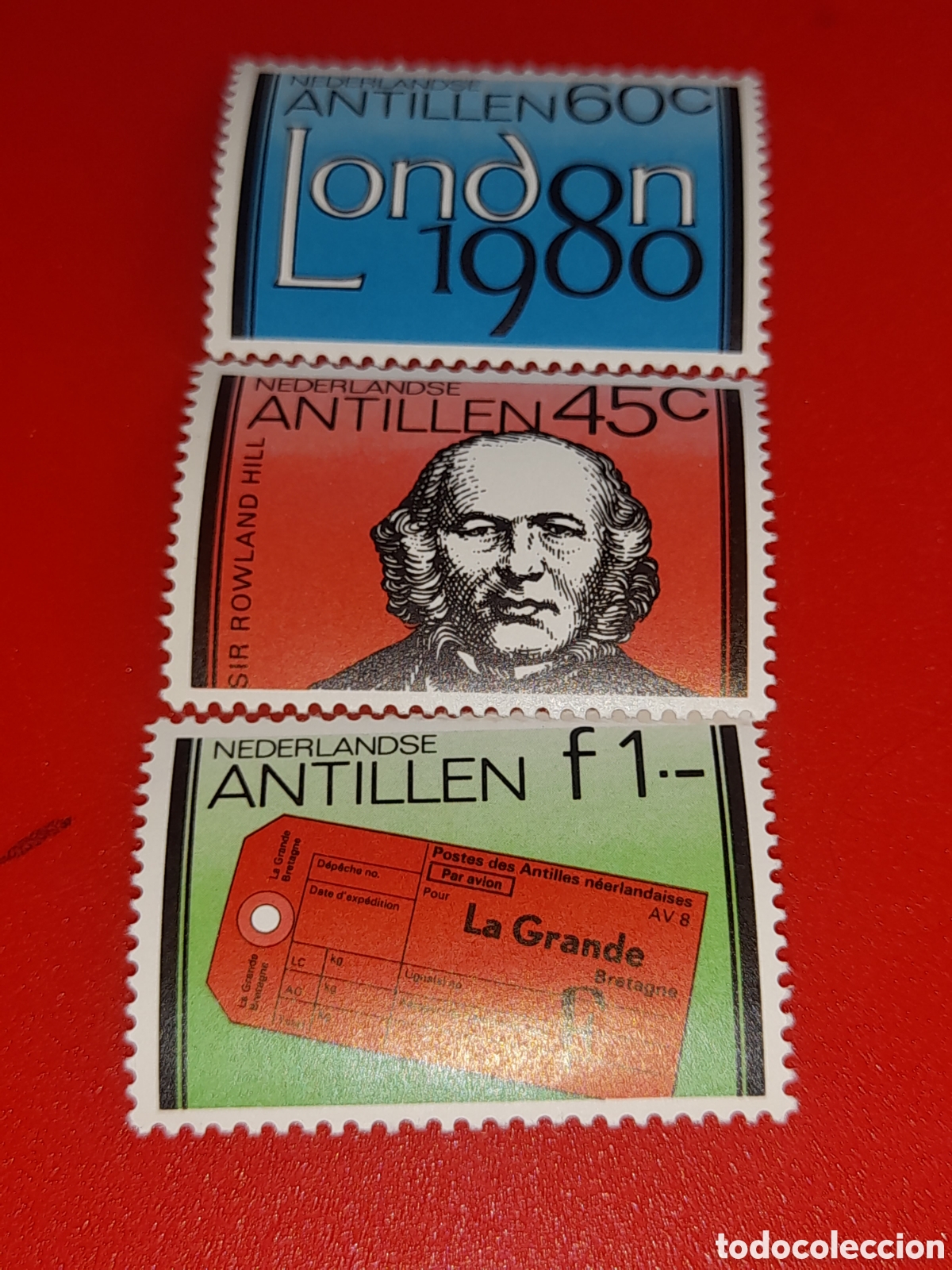 Sellos: Sello Antillas Holandesas nuevo 1980. Exp Filt Inter. Londres,80. Emblema. Rowland Hill. Etiqueta.
