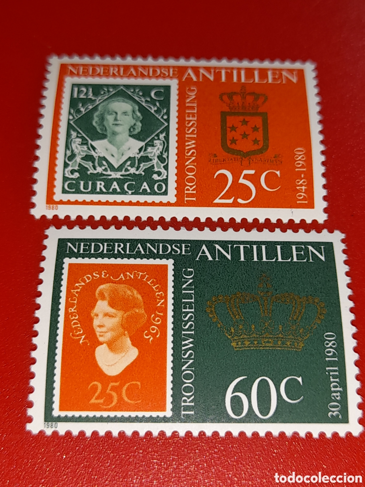 Sellos: Sello Antillas Holandesas nuevo 1980. Coronaci&oacute;n reina Beatriz. Monarqu&iacute;a. Historia.