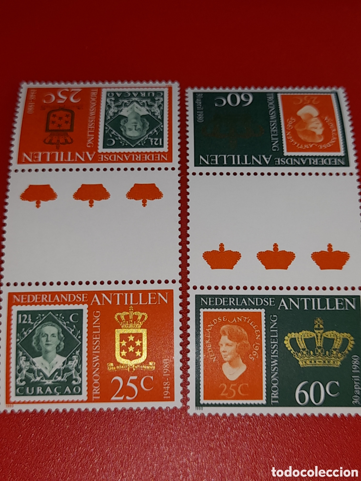 Sellos: Sello Antillas Holandesas nuevo 1980. Coronaci&oacute;n reina Beatriz. Monarqu&iacute;a. Historia.