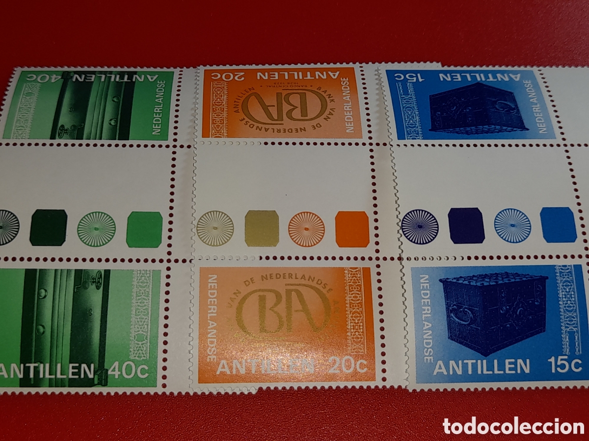 Sellos: Sello Antillas Holandesas nuevo 1978. 150Aniv banco Antillas. Logotipo. Cofre. Tesoro. Caja fuerte.