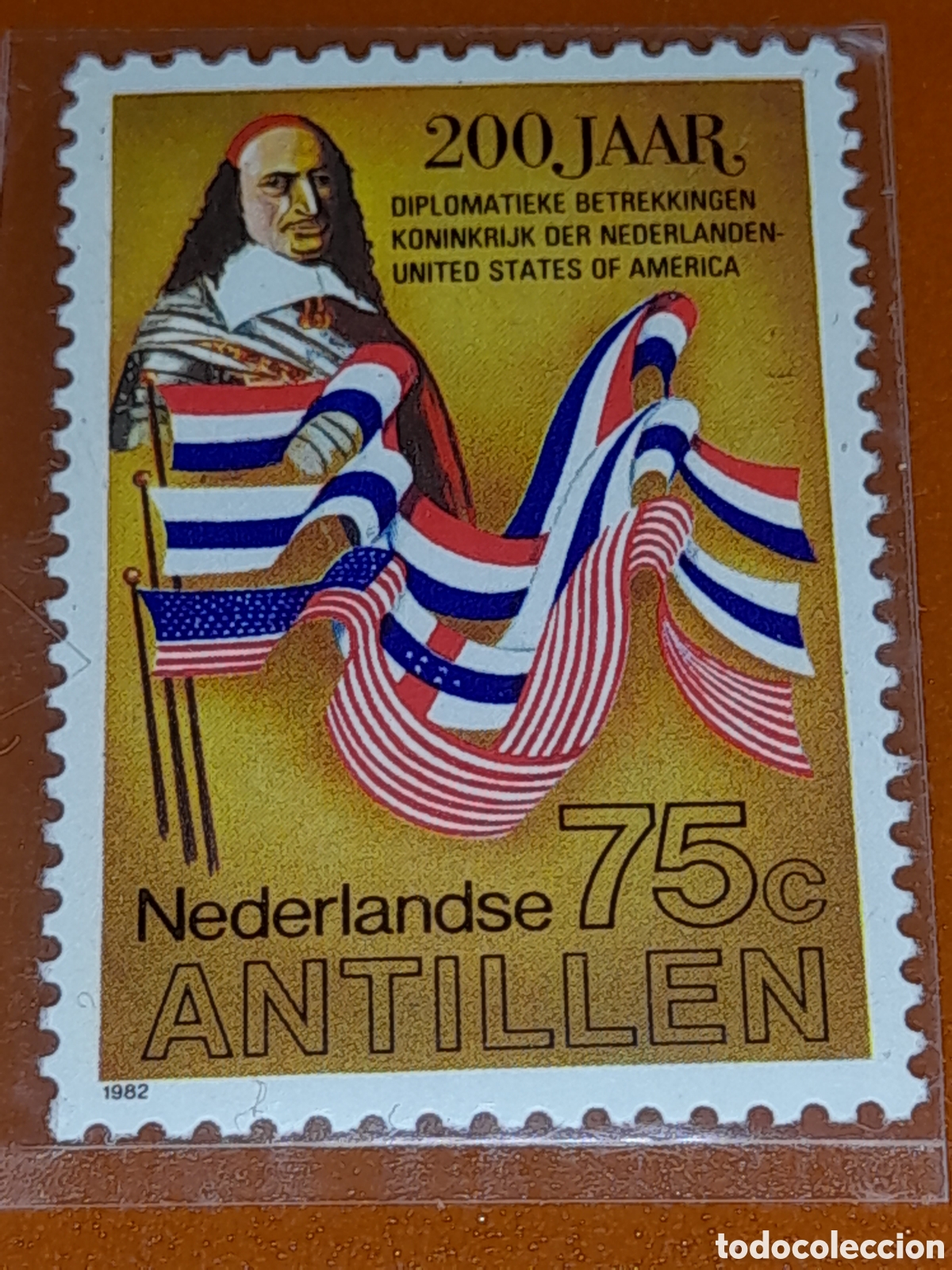 Sellos: Sello Antillas Holandesas nuevo 1982. 200Aniv relaciones EE.UU. Bandera. Historia.