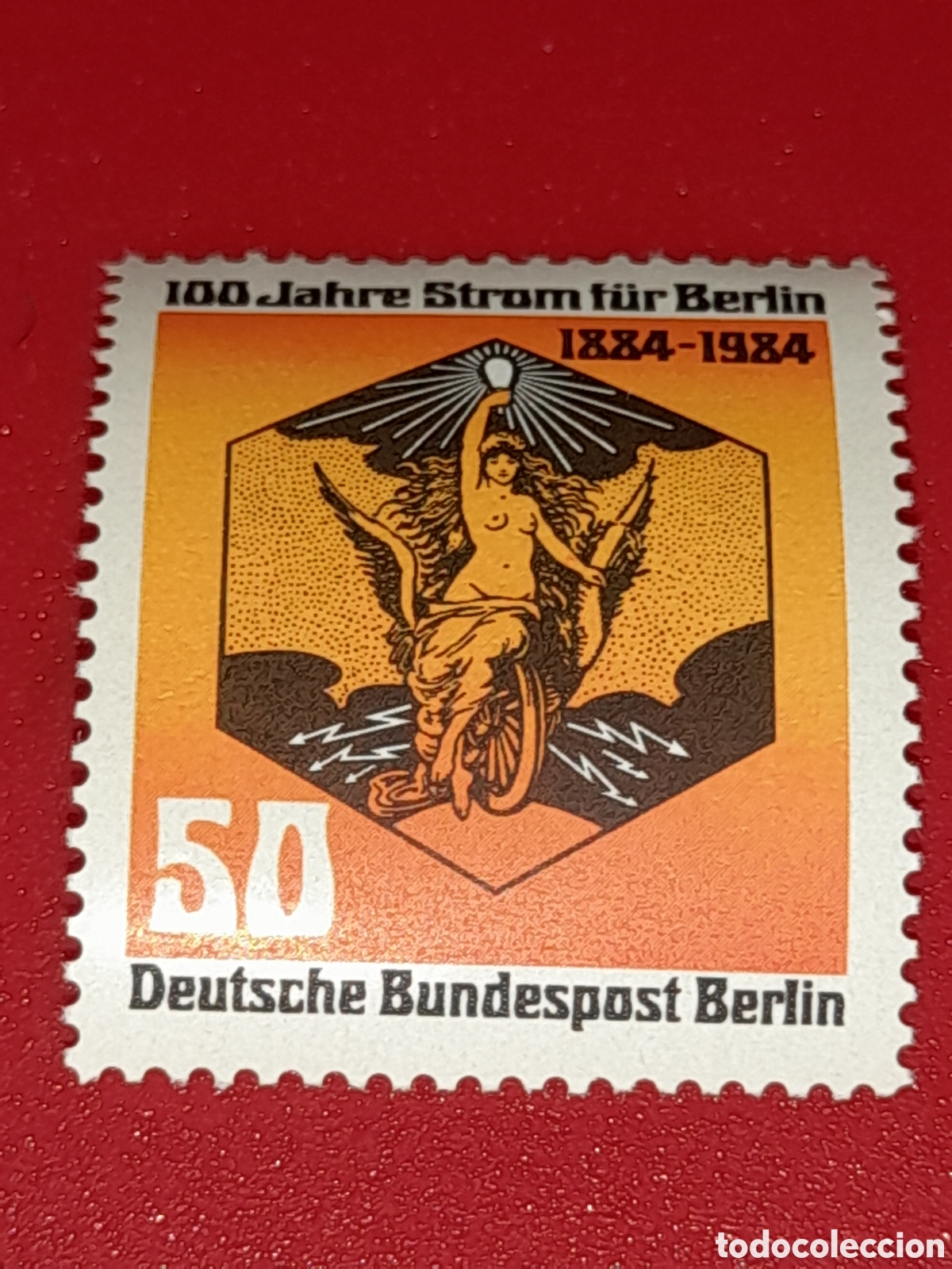 Sellos: Sello Alemania. Berlin nuevo 1984. 100Aniv electricidad en Berl&iacute;n. Emblema. Alegor&iacute;a. Desnudo. Mujer