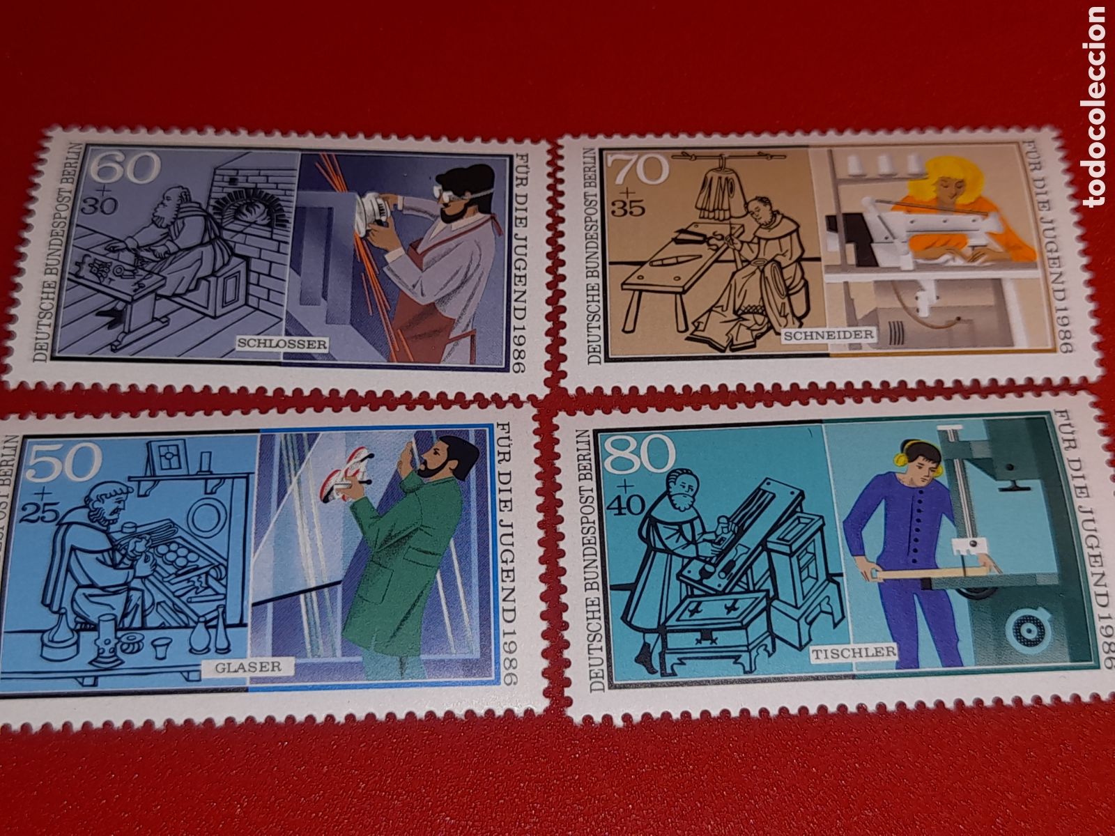 Sellos: Sello Alemania. Berlin nuevo 1986. Pro juventud. Oficios. Trabajos. Gremios. Carpintero. Textil. For