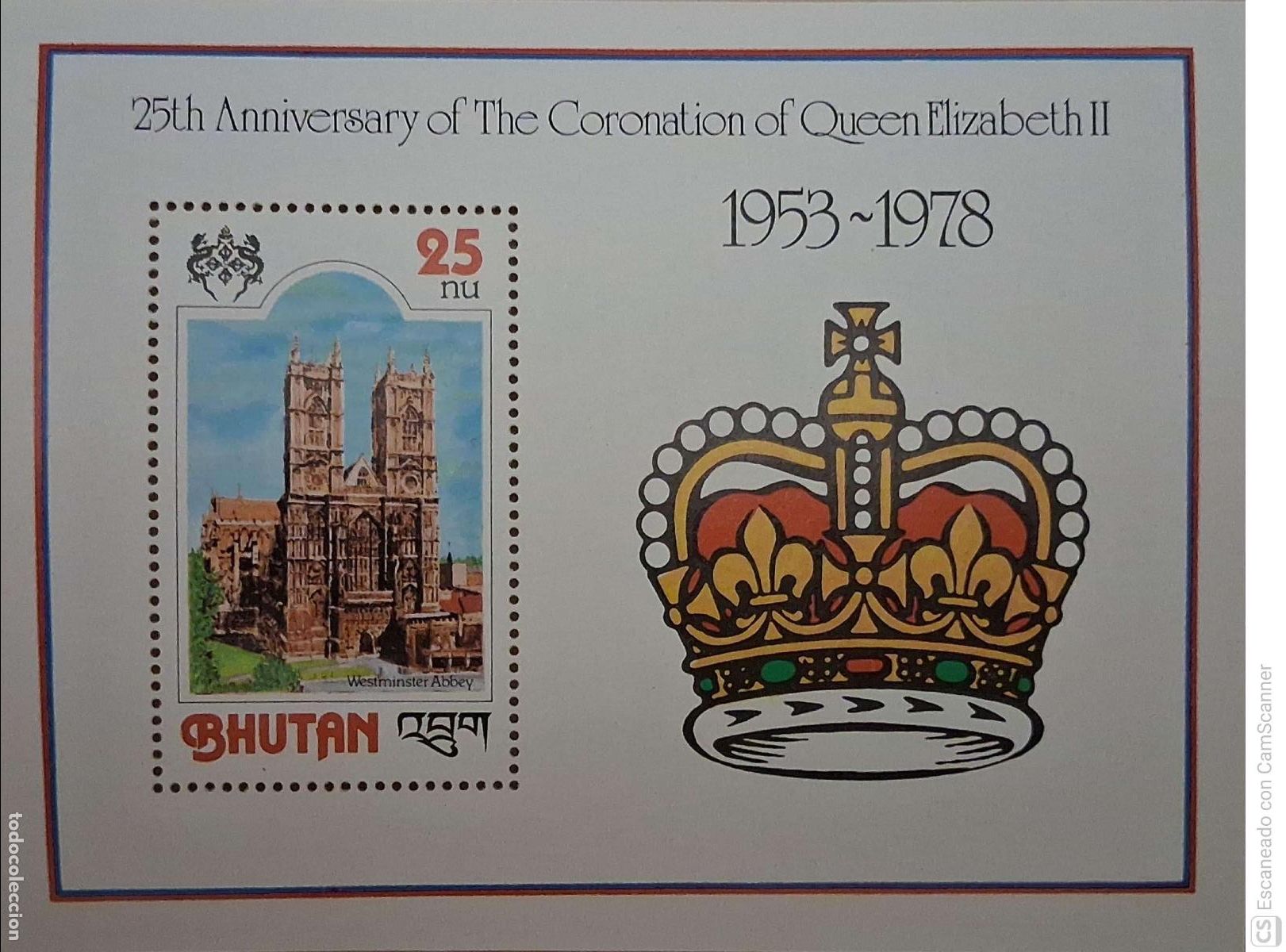 Sellos: But&aacute;n. HB 76 Aniversario de la coronaci&oacute;n de su Majestad Isabel II. 1978. Sellos nuevos y numeraci&oacute;n