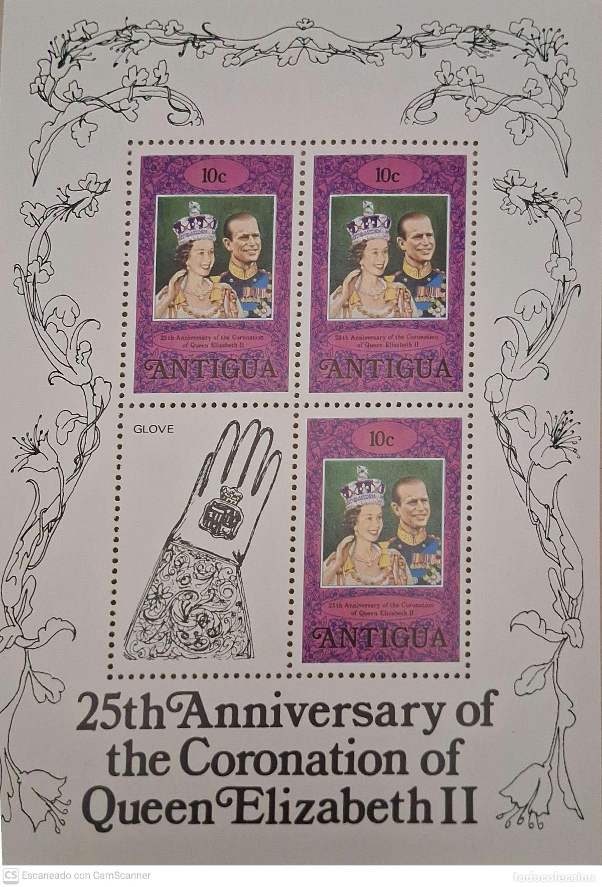 Sellos: Antigua. 510 Aniversario de la coronaci&oacute;n de su Majestad Isabel II, en MH de 3 sellos + vi&ntilde;eta. 197