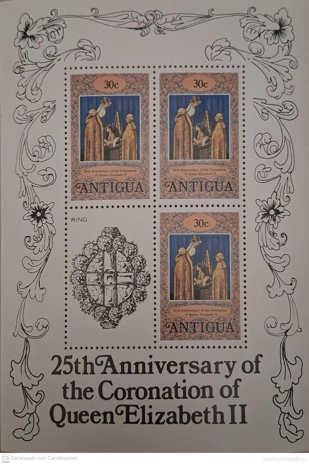 Sellos: Antigua. 511 Aniversario de la coronaci&oacute;n de su Majestad Isabel II, en MH de 3 sellos + vi&ntilde;eta. 197