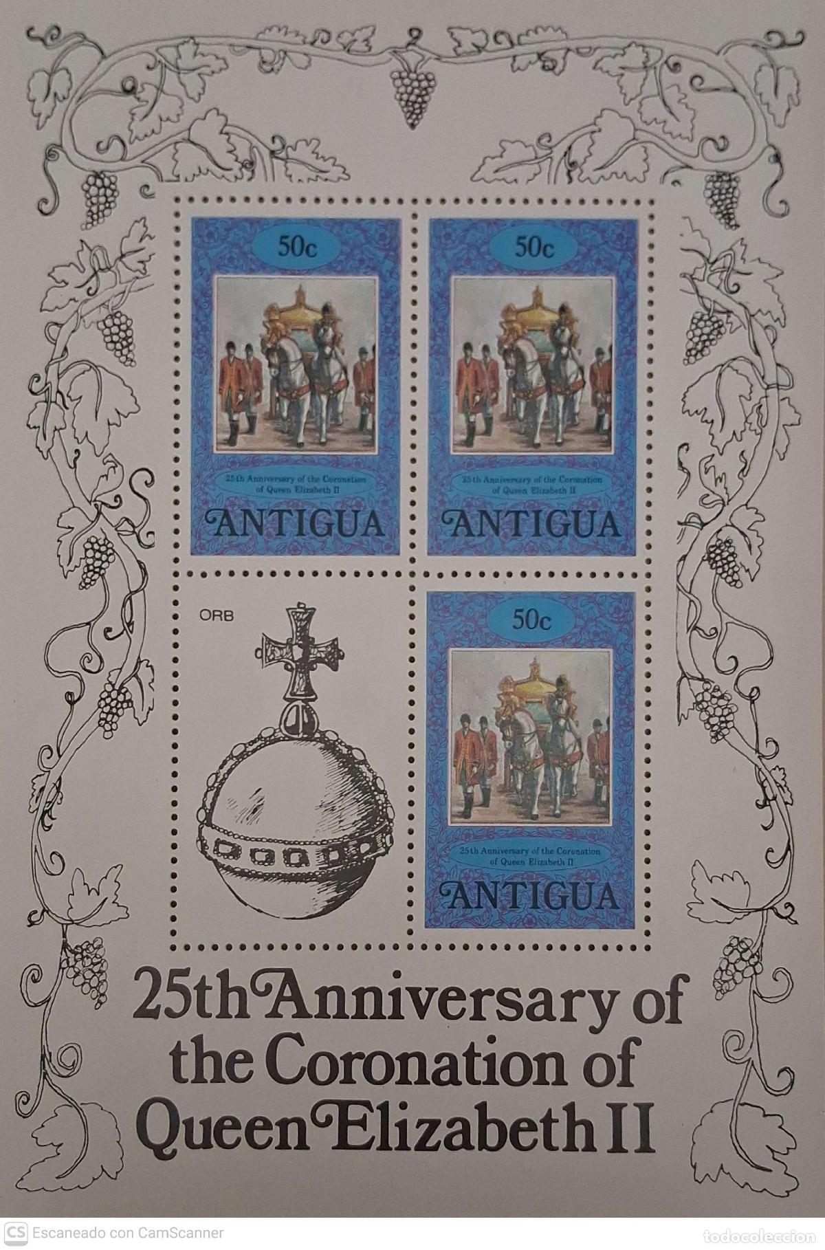 Sellos: Antigua. 512 Aniversario de la coronaci&oacute;n de su Majestad Isabel II, en MH de 3 sellos + vi&ntilde;eta. 197