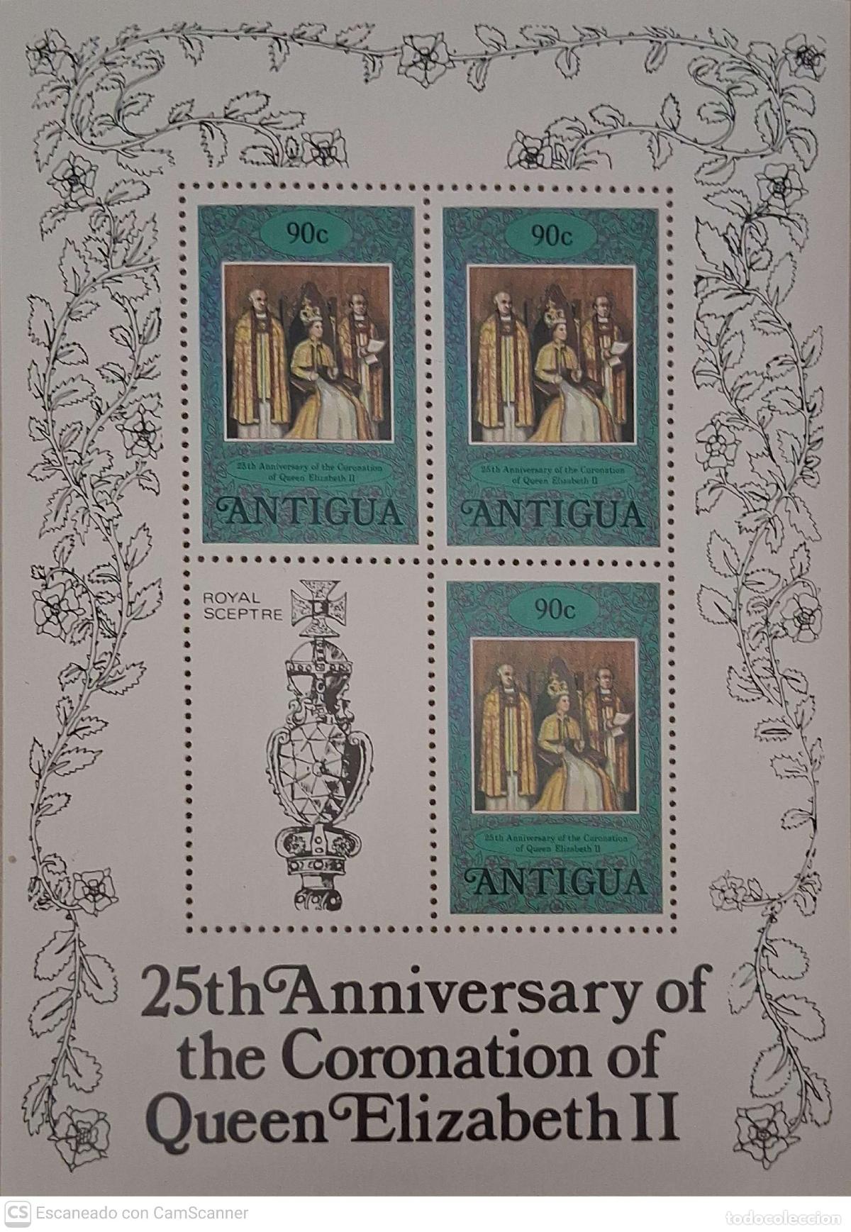 Sellos: Antigua. 513 Aniversario de la coronaci&oacute;n de su Majestad Isabel II, en MH de 3 sellos + vi&ntilde;eta. 197