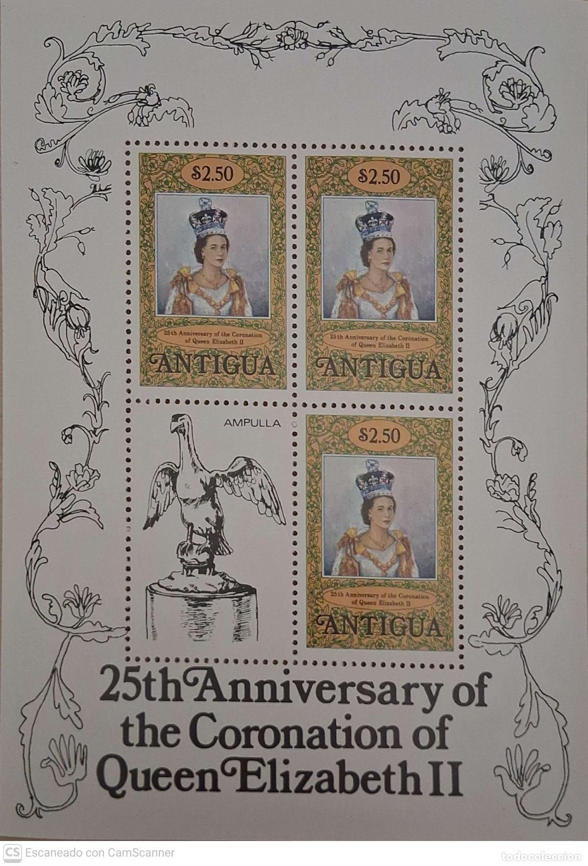 Sellos: Antigua. 514 Aniversario de la coronaci&oacute;n de su Majestad Isabel II, en MH de 3 sellos + vi&ntilde;eta. 197