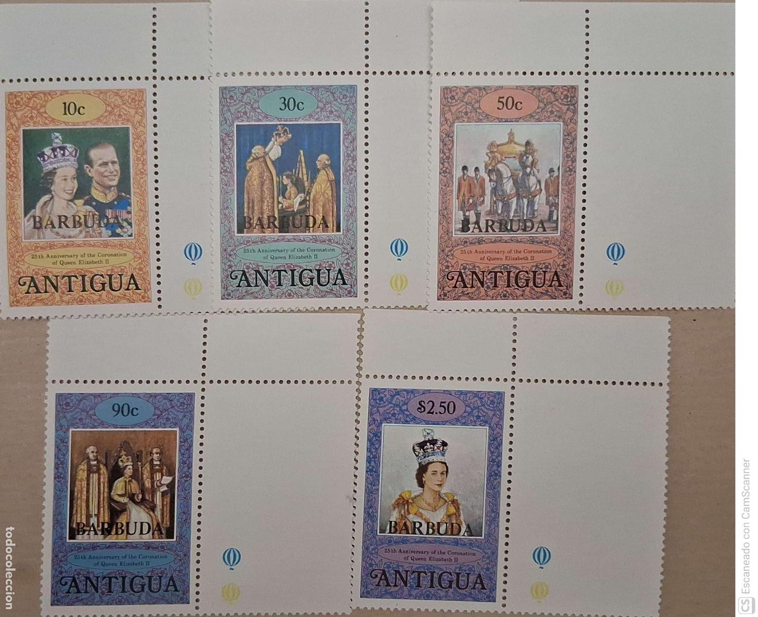 Sellos: Barbuda. 385/89 Aniversario de la coronaci&oacute;n de su Majestad Isabel II, sellos 495/99 de Antigua con