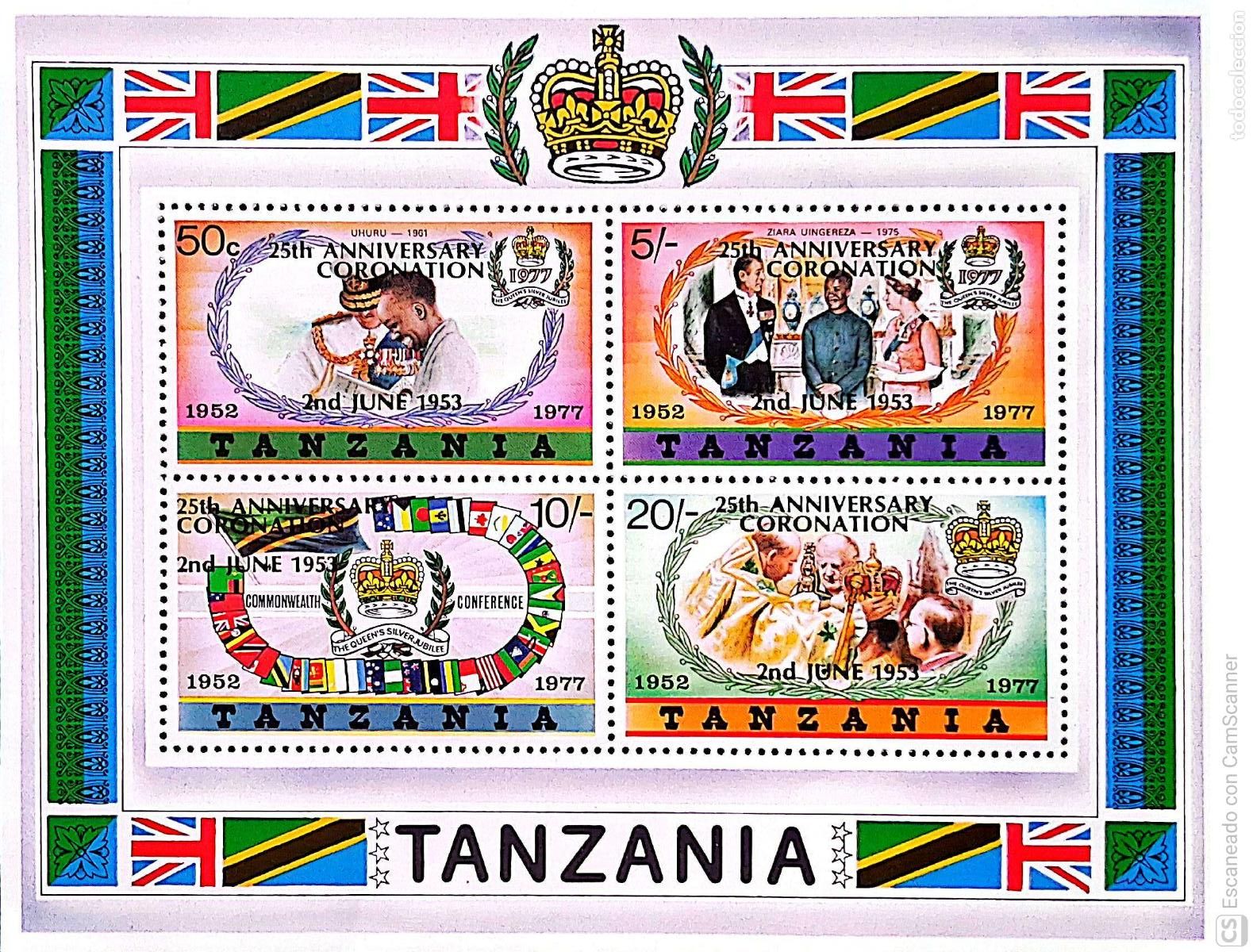 Sellos: Tanzania. HB 11 25&ordm; Aniversario de la coronaci&oacute;n de su Majestad Elizabeth II, sellos de 1977 con sob