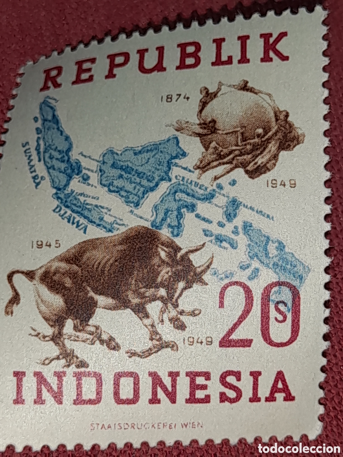 Sellos: Sello Indonesia nuevo 1949. 75Aniv Uni&oacute;n Postal Universal. Cartograf&iacute;a. B&uacute;falo. Fauna. Mapa islas.