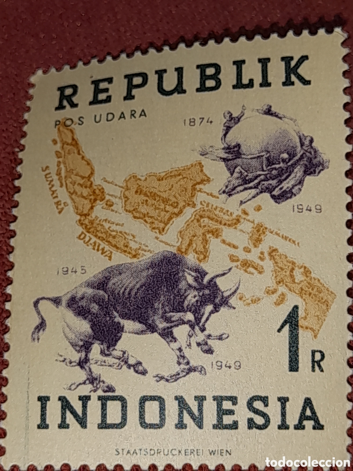 Sellos: Sello Indonesia nuevo 1949. 75Aniv Uni&oacute;n Postal Universal. Cartograf&iacute;a. B&uacute;falo. Fauna. Mapa islas.