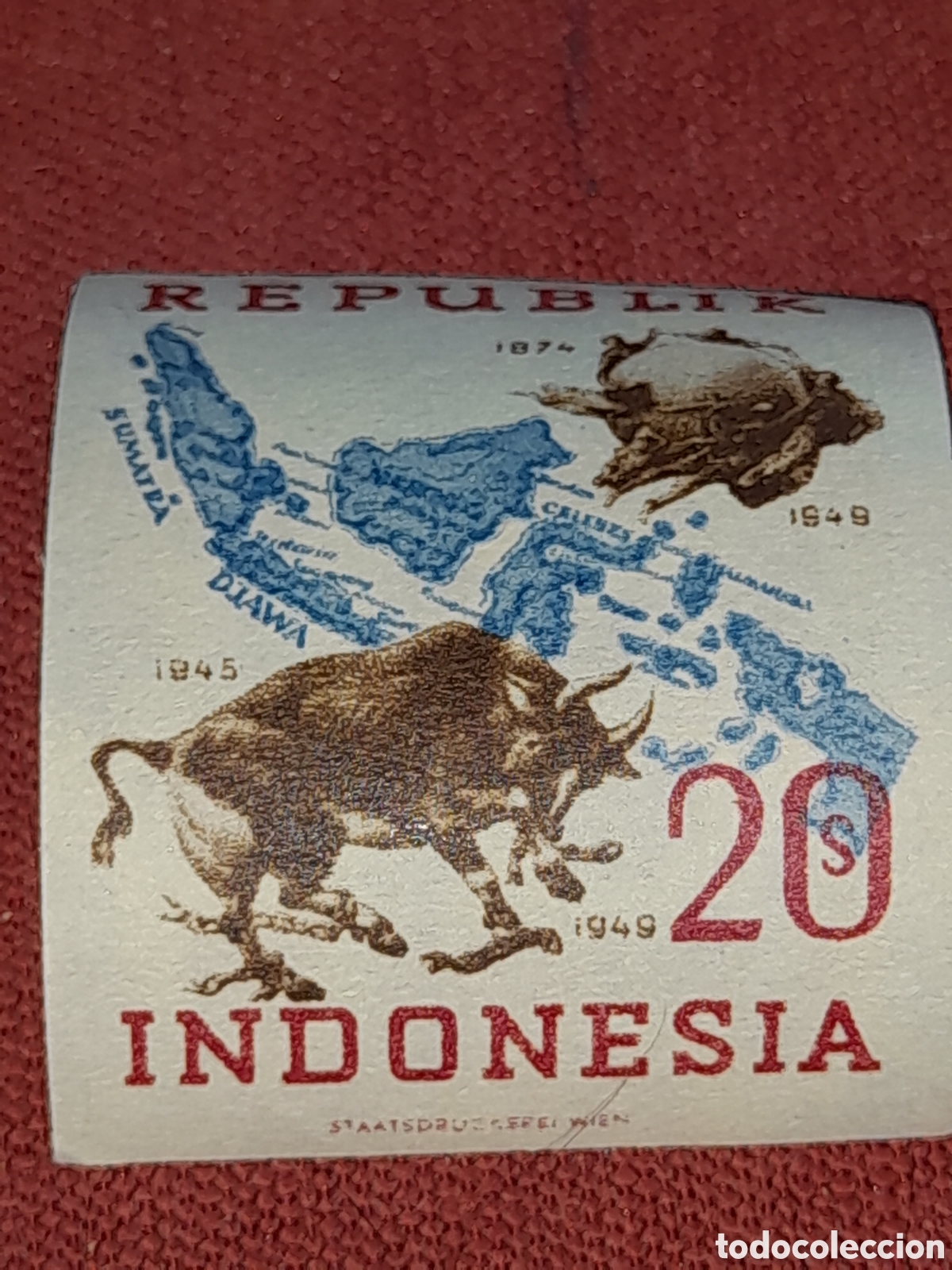 Sellos: Sello Indonesia nuevo 1949. 75Aniv Uni&oacute;n Postal Universal. Cartograf&iacute;a. B&uacute;falo. Fauna. Mapa islas.