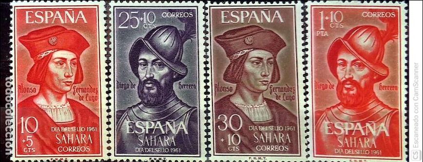 Sellos: Sahara. 197/200 D&iacute;a del sello: Alonso Fern&aacute;ndez de Lugo y Diego Garc&iacute;a de Herrera. 1961. Sellos nuev