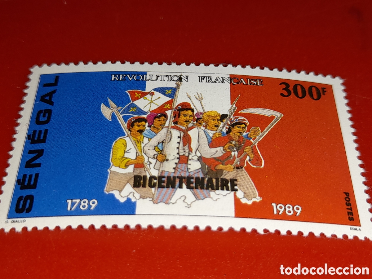 Sellos: Sello (1/3v) Senegal nuevo 1989. 200Aniv revolucion francesa. Bamdera. Gemte. Armas. Estanderte. Uni