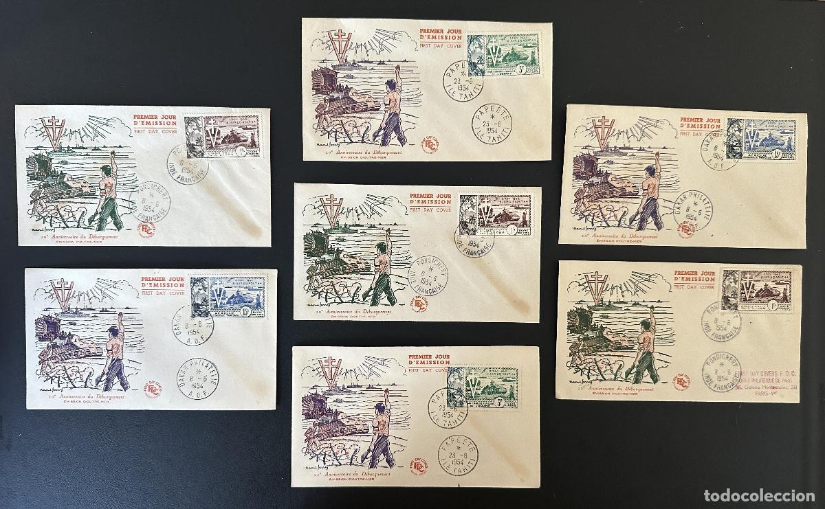 Sellos: Francia Ultramar 1954 FDC 10&deg; Aniv. Desembarco Liberaci&oacute;n 7 sobres