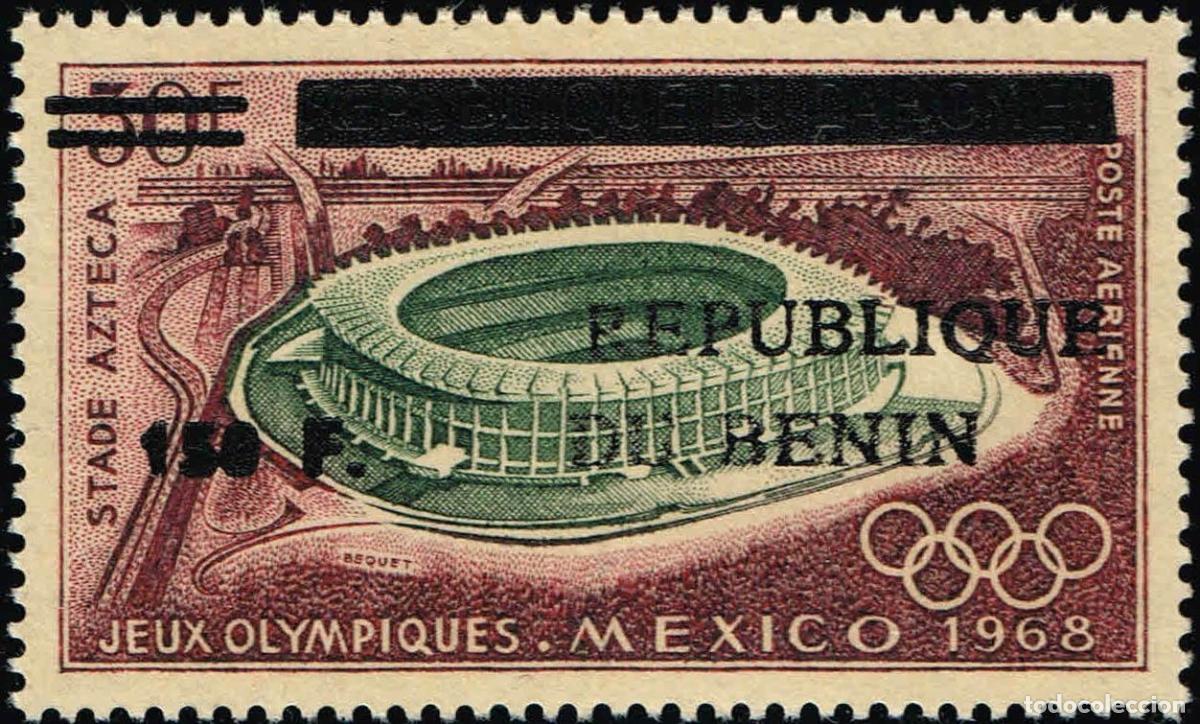 Sellos: Ben&iacute;n 1996 Mi. 738 sobrecargado JJ.OO. M&eacute;xico 1968 Estadio Azteca