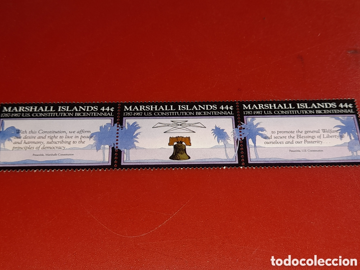 Sellos: Sello I. Marshall nuevo 1987. 200Aniv Constituci&oacute;n EE.UU. Campana. &Aacute;rboles. Palmera. Emblema.
