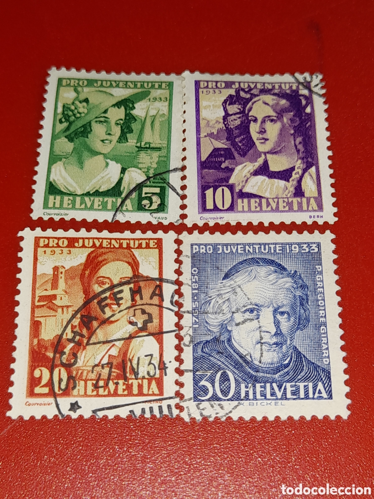 Sellos: Sello Suiza mtdo/bgra 1933. Pro juventud. Atuendos regionales. Folclore. Franciscano. Torre. Velero.