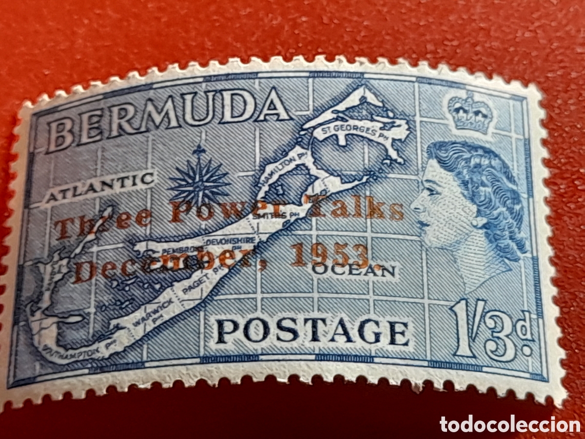 Sellos: Sello (1/2v) Bermuda nuevo 1953. Sobreimpreso. Discurso 3 poderes. Islas. Cartograf&iacute;a. Reu3s.