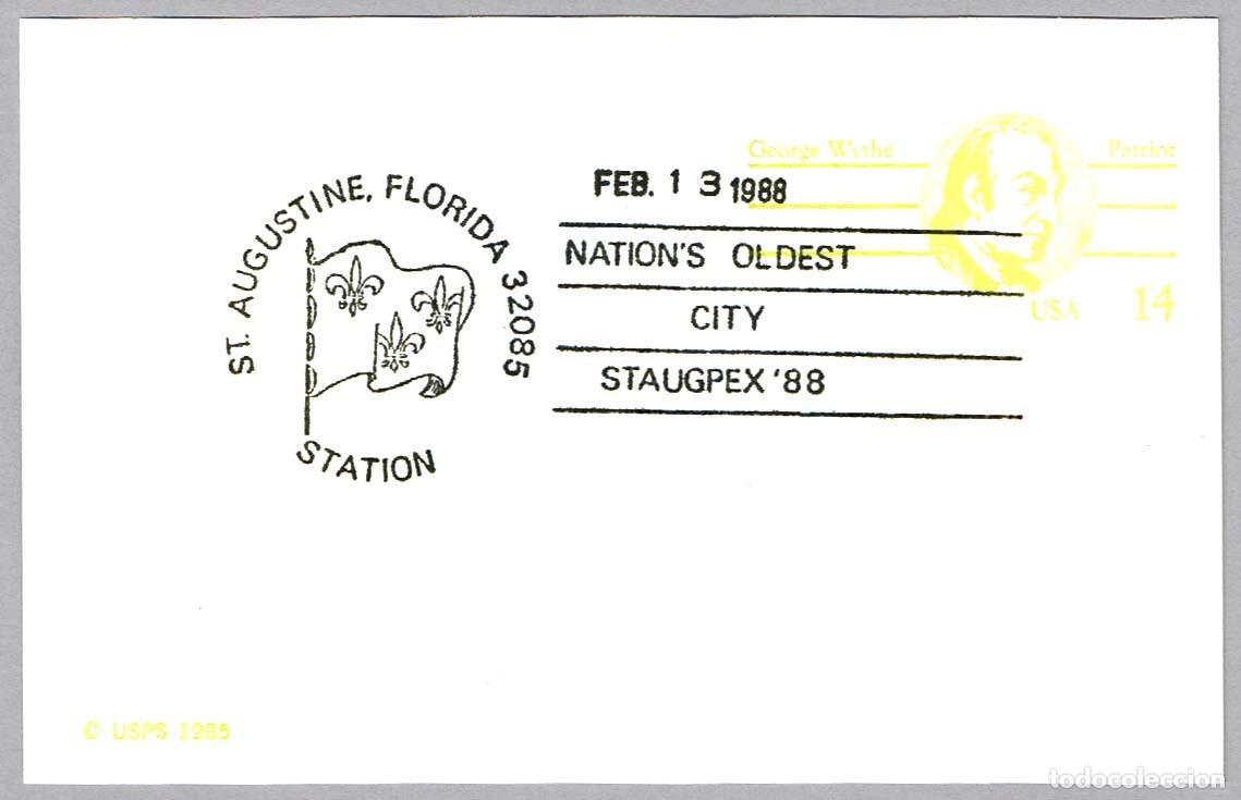 Sellos: Matasellos HISTORIA - ST. AUGUSTINE, FUNDADA POR PEDRO MENENDEZ DE AVILES. St. Augustine, USA, 1988