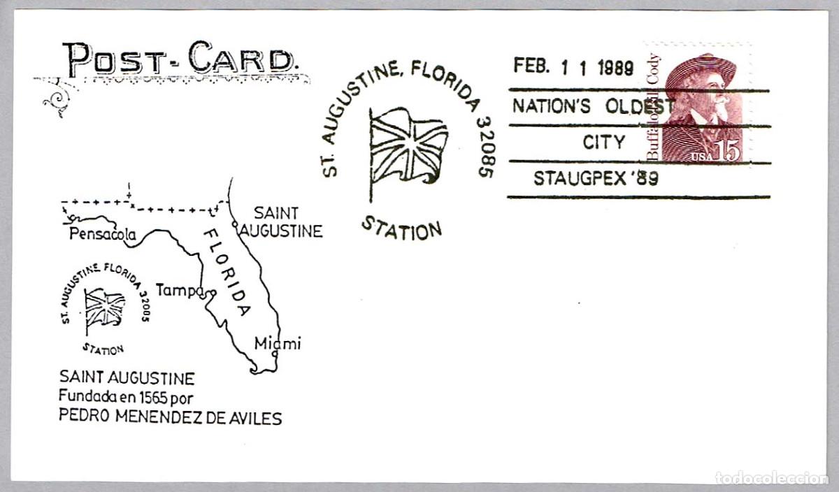 Sellos: Matasellos HISTORIA - ST. AUGUSTINE, FUNDADA POR PEDRO MENENDEZ DE AVILES. St. Augustine, USA, 1989