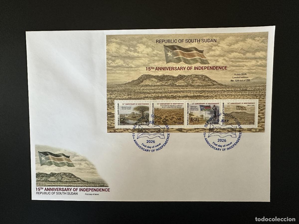 Sellos: Sud&aacute;n del Sur 2026 HB FDC independencia bandera fauna migraci&oacute;n paisaje