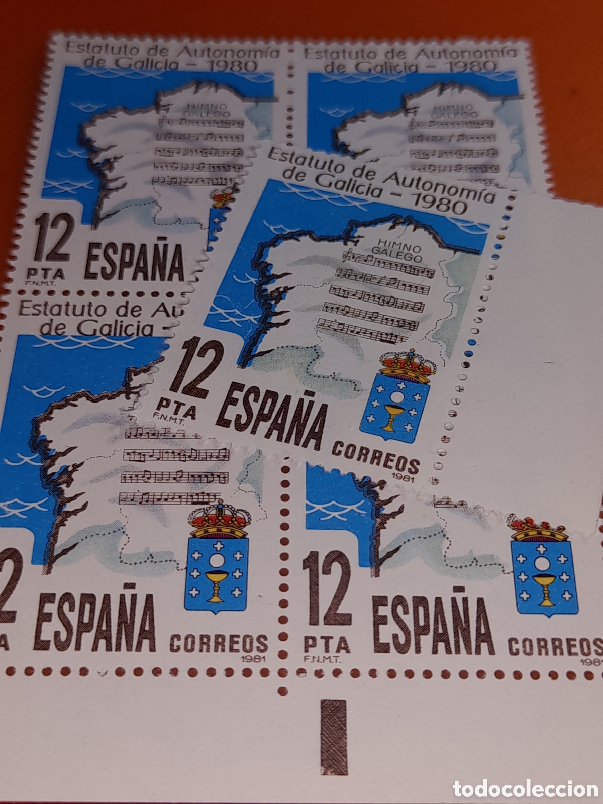 Sellos: Sello Espa&ntilde;a nuevo 1980. Estatuto autonom&iacute;a Galicia. Mapa. Cartograf&iacute;a. Escudo armas. M&uacute;sica. Musica