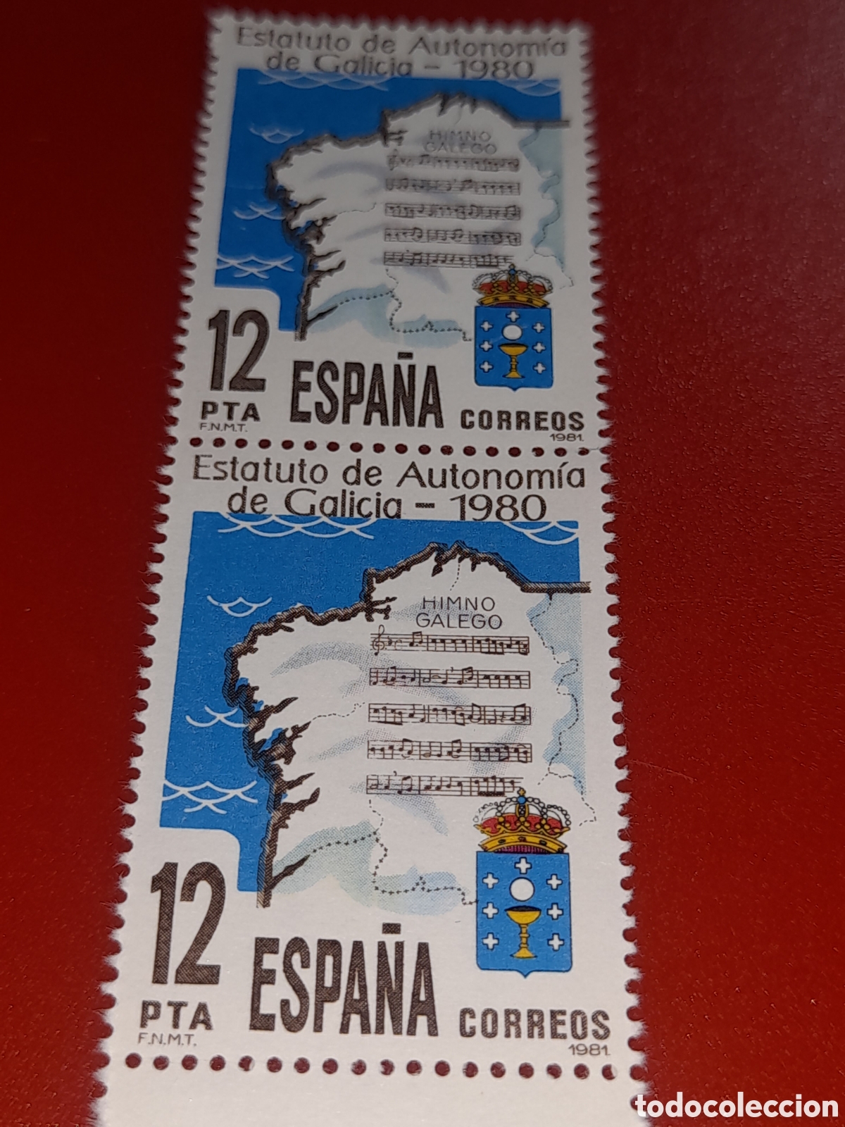 Sellos: Sello Espa&ntilde;a nuevo 1980. Estatuto autonom&iacute;a Galicia. Mapa. Cartograf&iacute;a. Escudo armas. M&uacute;sica. Himno