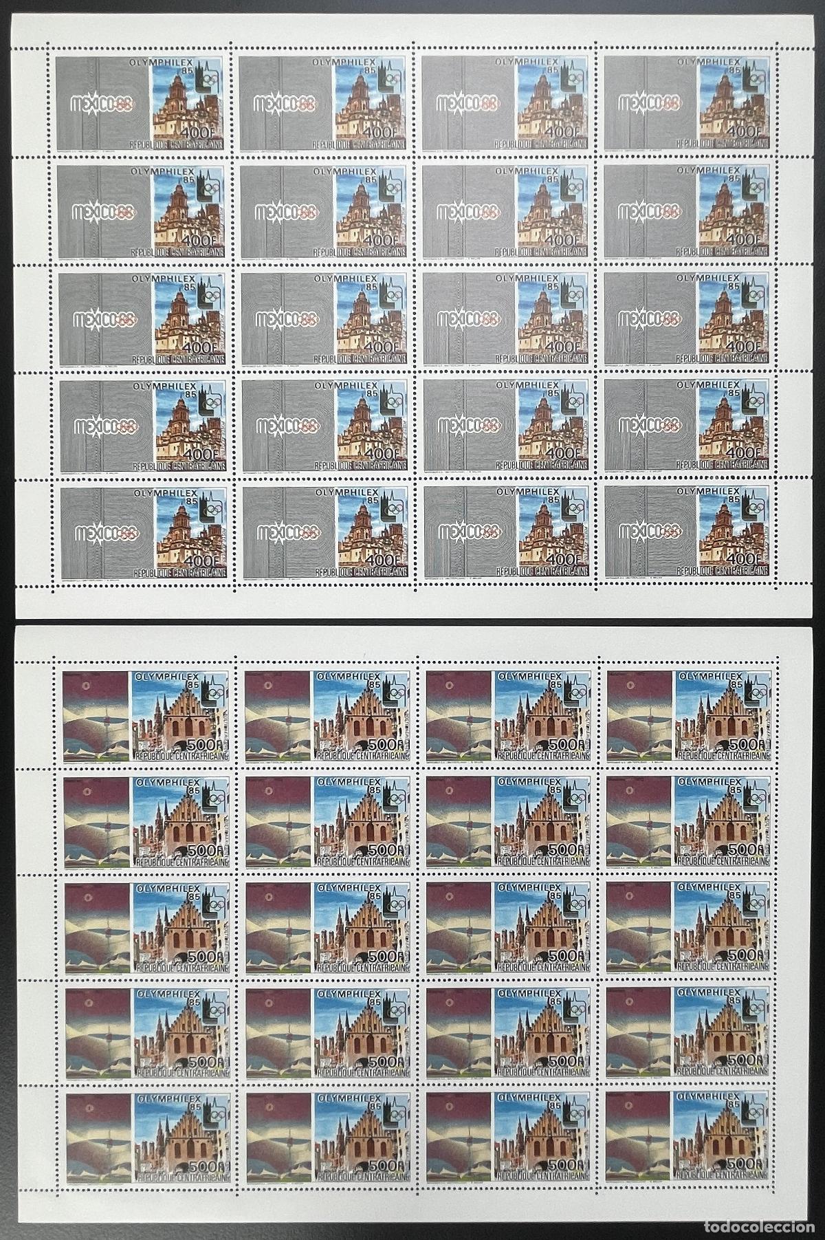 Sellos: Centroafricano 1985 YT PA 320-321 tabl&oacute;n OLYMPHILEX 85 Expo Olympics M&eacute;xico