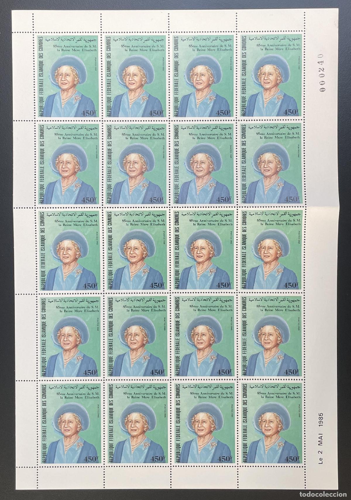 Sellos: Comoras 1985 YT 419 tabl&oacute;n Reina Madre Isabel aniversario realeza
