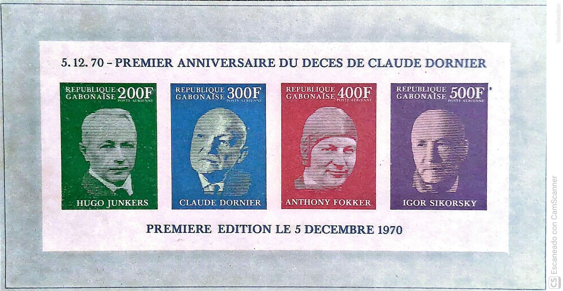 Sellos: Gab&oacute;n. HB Primer Aniversario de la muerte de Claude Dornier. 1970. Sellos nuevos. Cat&aacute;logo Michel n&ordm;