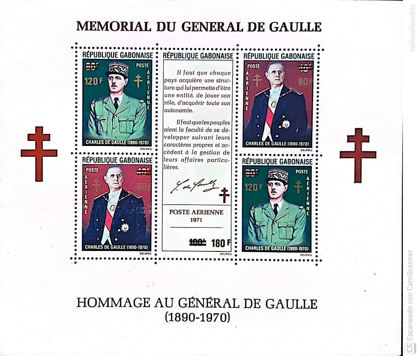 Sellos: Gab&oacute;n. HB 20 Memorial del general de Gaulle. Sellos de la HB 17 con sobrecarga de un nuevo valor y d