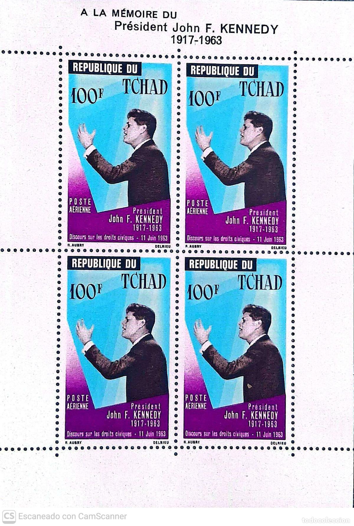 Sellos: Tchad. HB 2 Aniversario de la muerte del presidente John F. Kennedy. 1964. Sellos nuevos y numeraci&oacute;