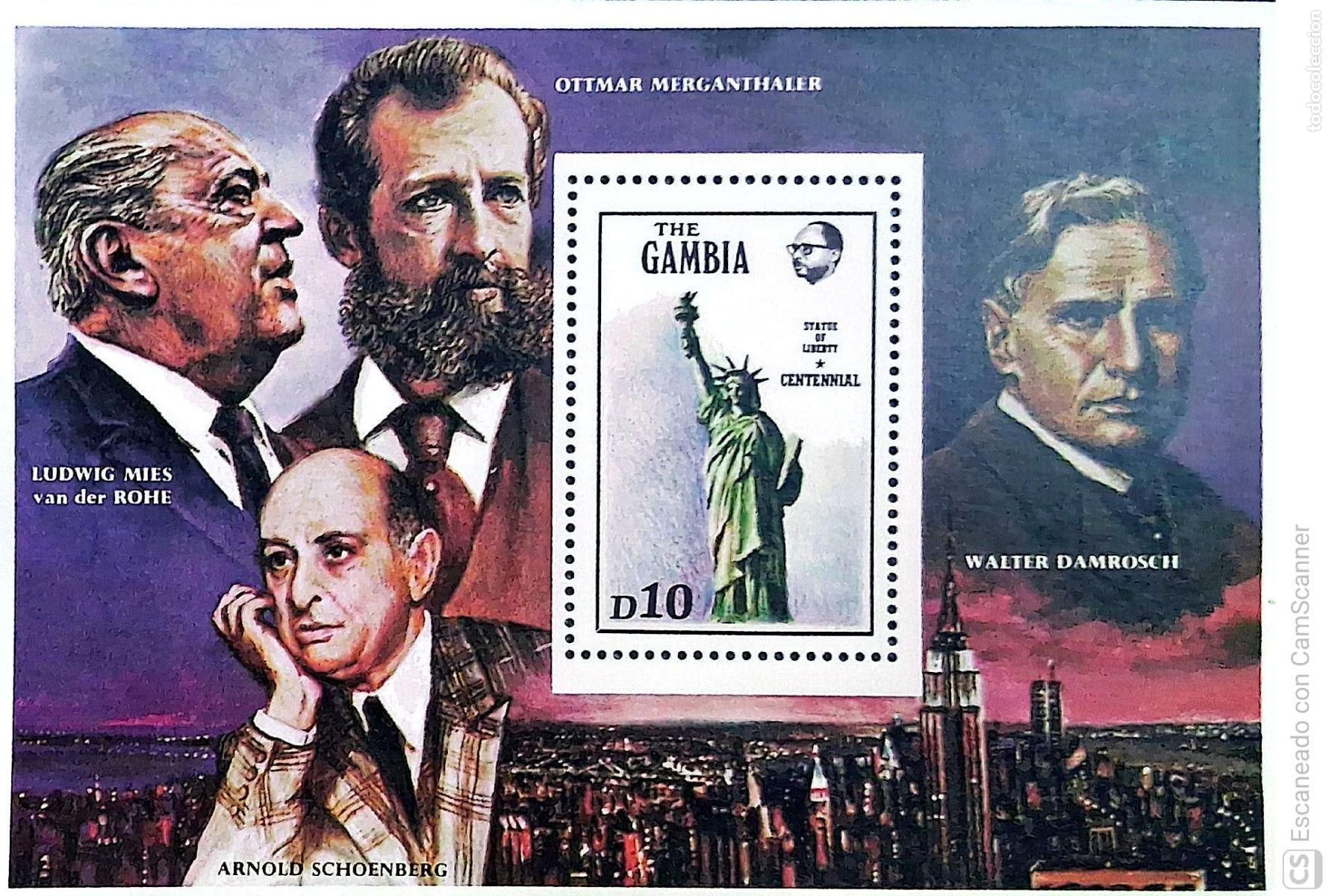 Sellos: Gambia. HB 26 Centenario de la estatua de la Libertad en Nueva York: Vista de la estatua. 1986. Sell