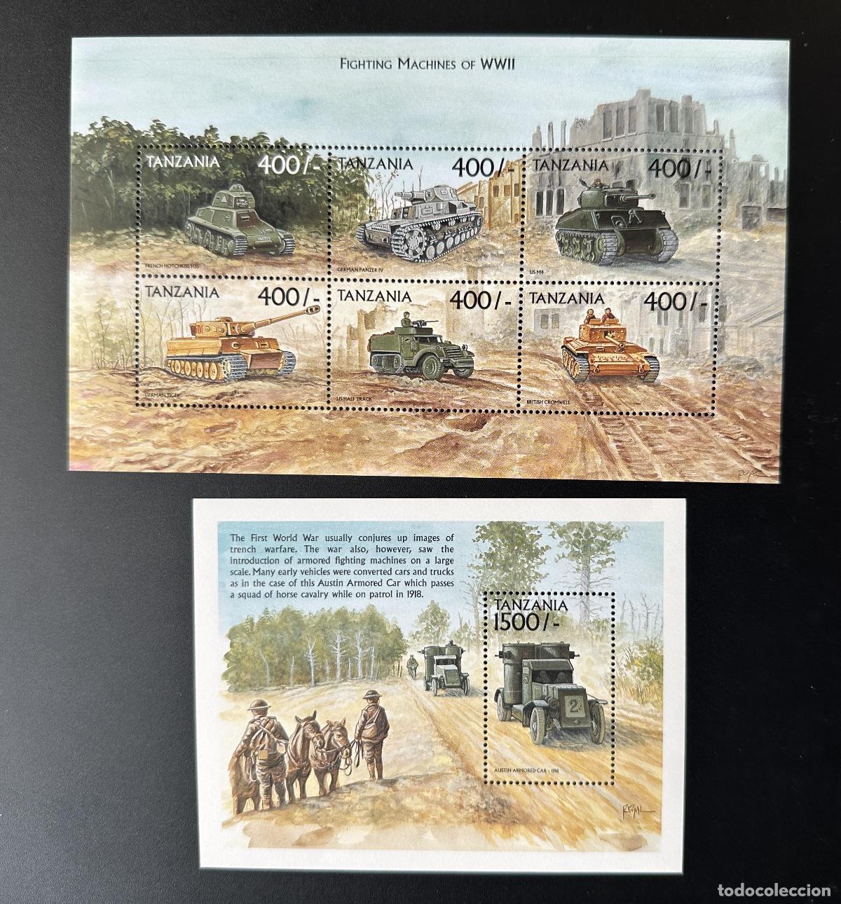 Sellos: Tanzania 1999 Mi. 3614-3619 Bl. 485 M&aacute;quinas combate WWII Blindados Tanques