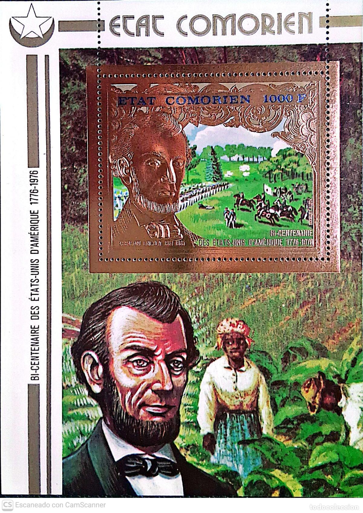 Sellos: Comores. HB Independencia USA: Abraham Lincoln valor 1000F, con ba&ntilde;o de oro. 1976. Sellos nuevos y n