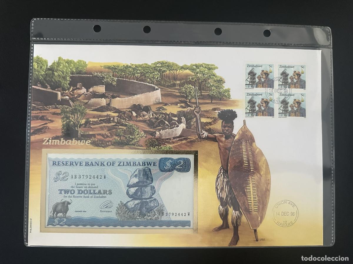 Sellos: Zimbabwe sobre numism&aacute;tico billete 2 d&oacute;lares sellos 5c 1996