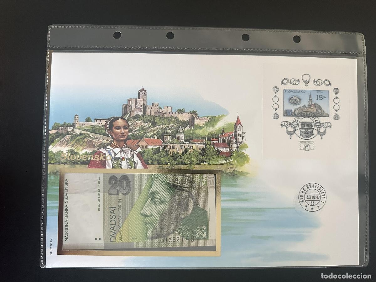 Sellos: Eslovaquia sobre numism&aacute;tico billete 20 Korun sello Nitra 18 Sk