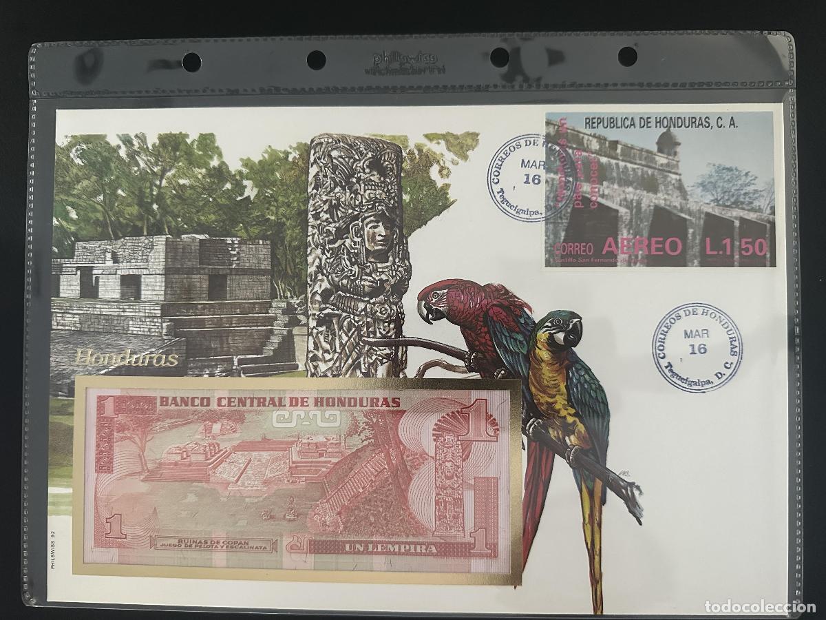 Timbres: Honduras sobre numism&aacute;tico billete 1 Lempira sello Philswiss