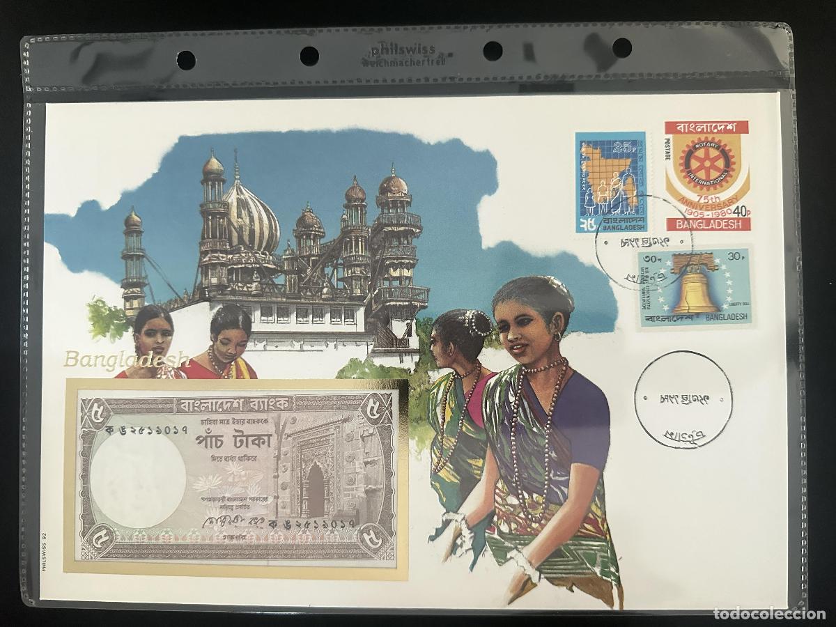 Timbres: Bangladesh sobre numism&aacute;tico Philswiss billete 5 Taka sellos