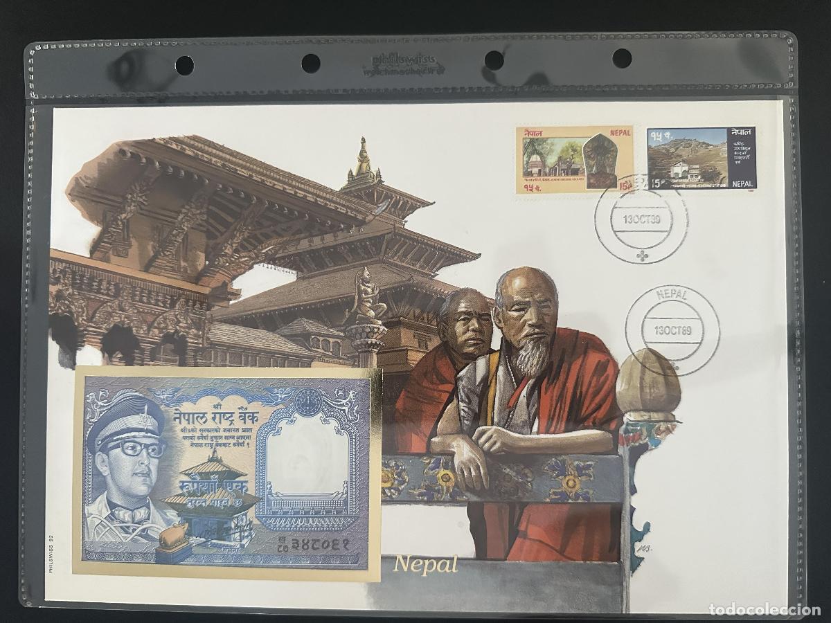 Timbres: Nepal Philswiss 1989 sobre numism&aacute;tico billete 1 rupia FDC