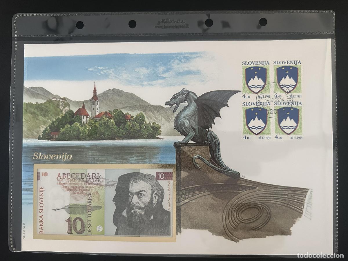 Timbres: Eslovenia sobre numism&aacute;tico Philswiss 1991 billete 10 Tolarjev