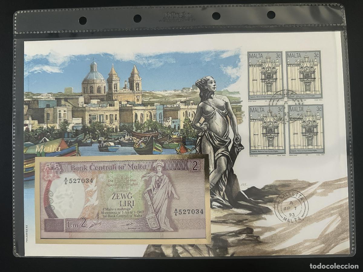 Sellos: Malta 1993 sobre numism&aacute;tico Philswiss billete 2 Liri sellos 3c