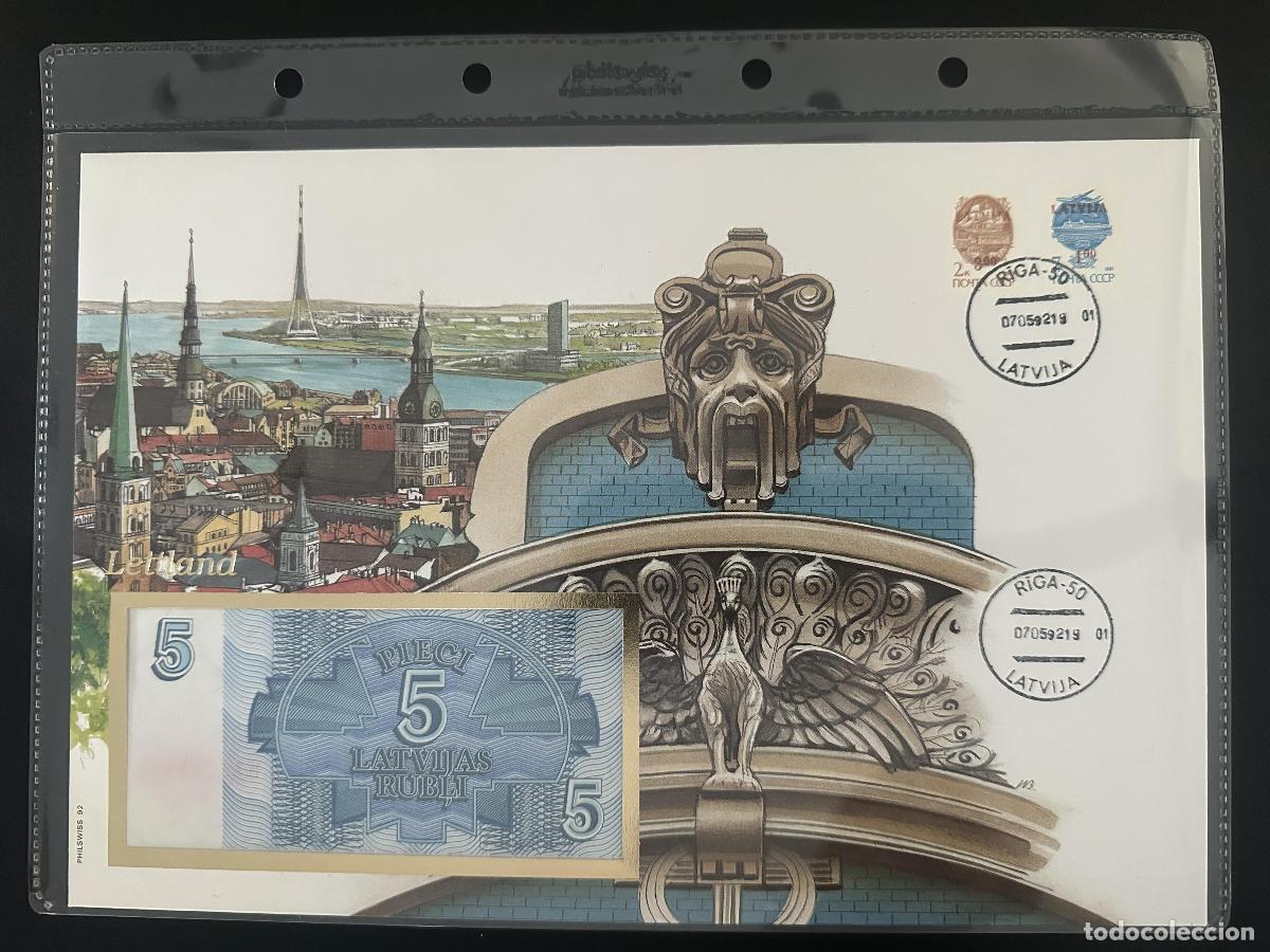 Sellos: Letonia sobre numism&aacute;tico Philswiss 1992 billete 5 Rubli Riga