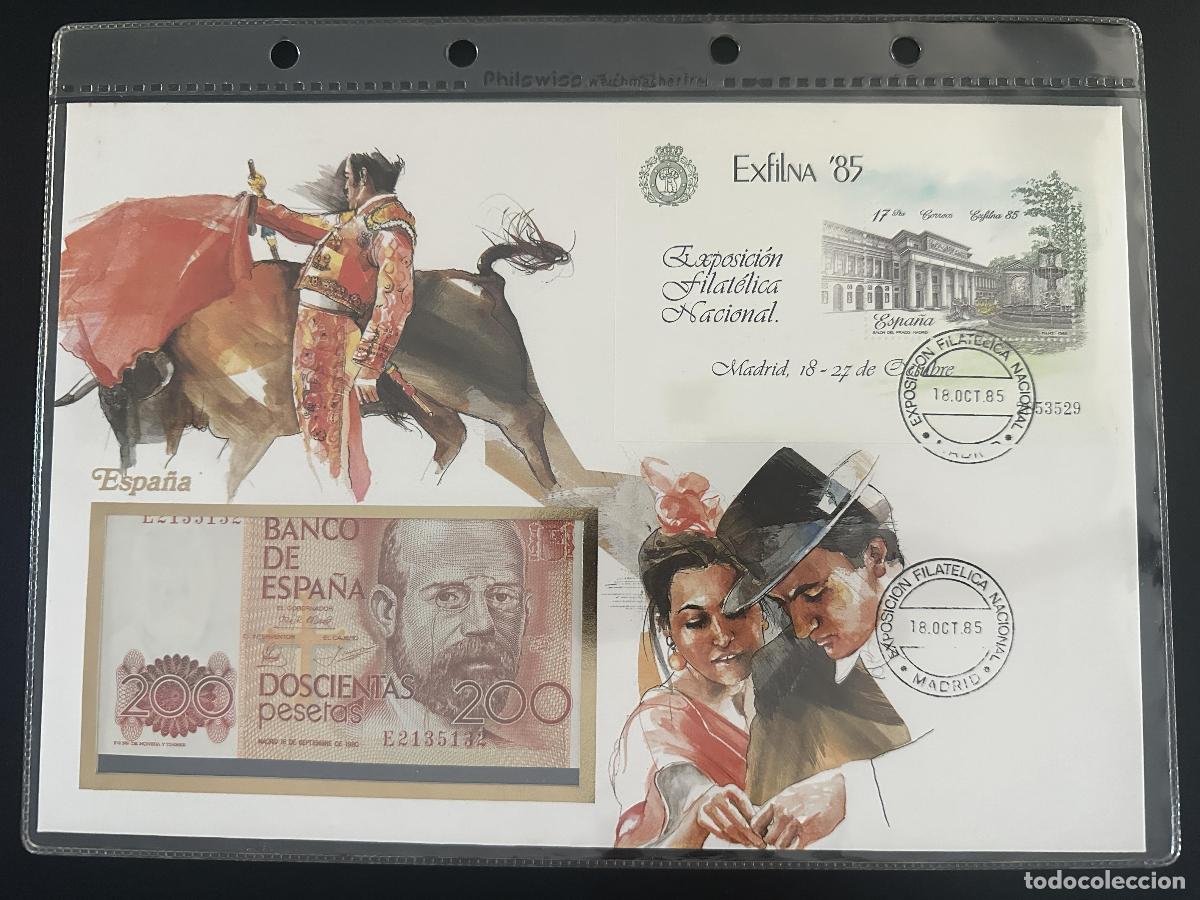 Sellos: Espa&ntilde;a Exfilna 85 Madrid sobre numism&aacute;tico billete 200 pesetas