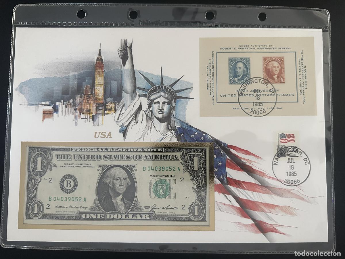 Sellos: USA 1985 sobre numism&aacute;tico 1 D&oacute;lar billete bloque CIPEX 1947