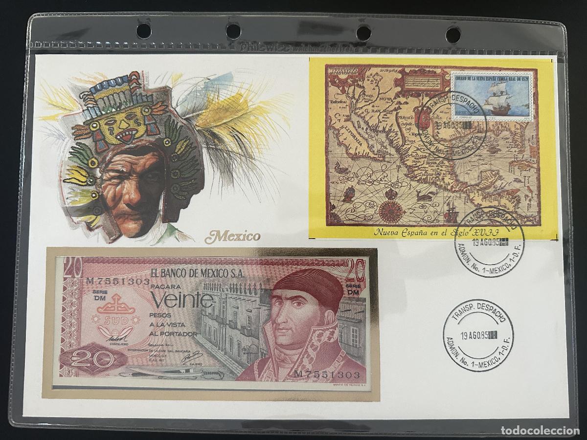 Sellos: M&eacute;xico 1985 sobre numism&aacute;tico billete 20 pesos bloque tarjeta
